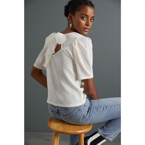 Sundays in Brooklyn Puff-Sleeve Top Womens Medium Ivory Bow-Back V-Neck Anthro - Picture 6 of 9